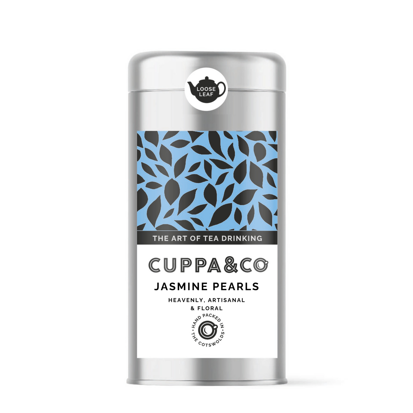 A silver caddy of Cuppa&Co Jasmine Pearls tea with a blue, black and white label displaying product information on a white background