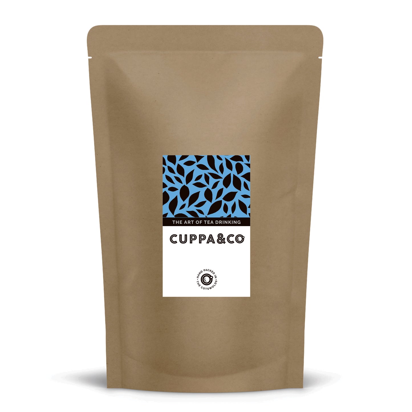Brown tea packaging with a blue and white label featuring 'Cuppa&Co' on a white background