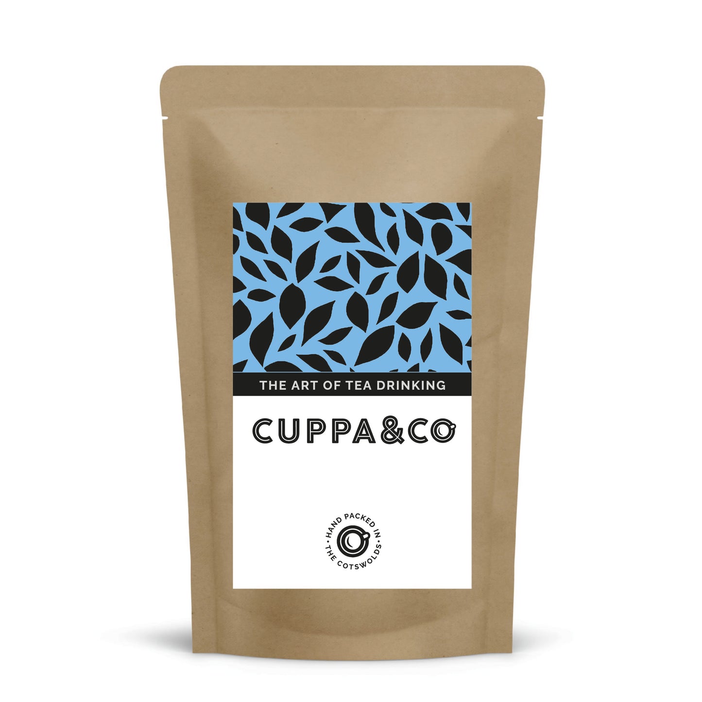 Light brown tea packaging with a white, blue and black label featuring 'Cuppa & Co' branding on a white background.