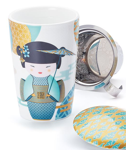 Tea mug with Japanese geisha design, metal infuser, and matching lid on a white background