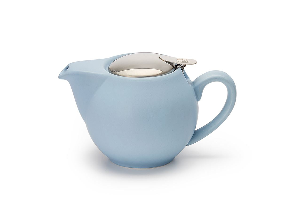 Light blue teapot with a silver lid on a white background
