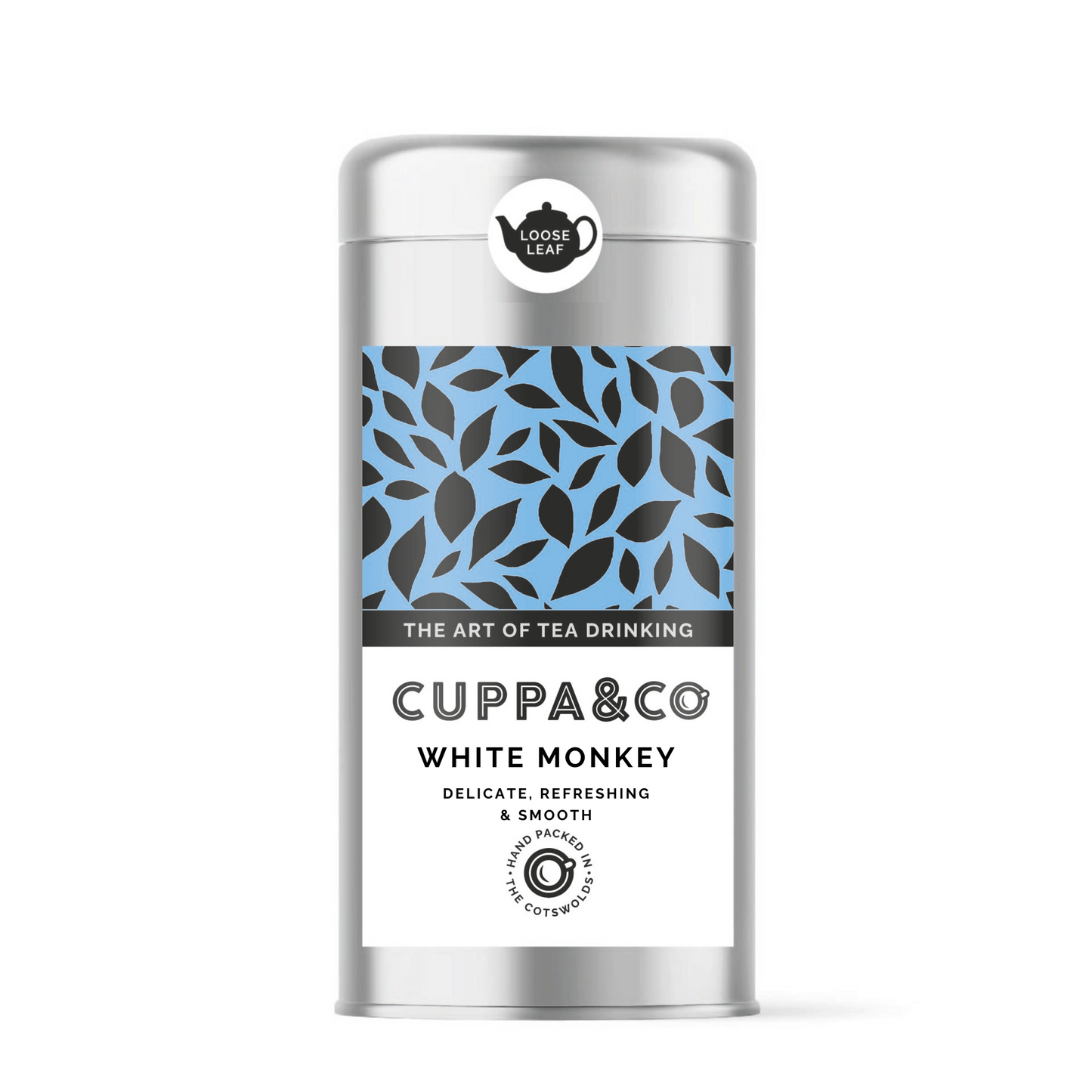 Silver caddy packaging of Cuppa&Co White Monkey tea, featuring a label with blue and black leaf patterns and product information.