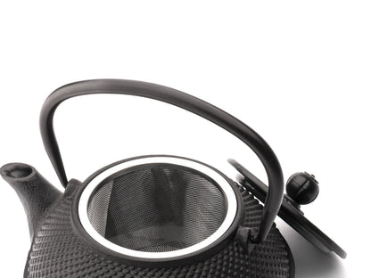Black textured cast iron teapot with a mesh filter on a white background