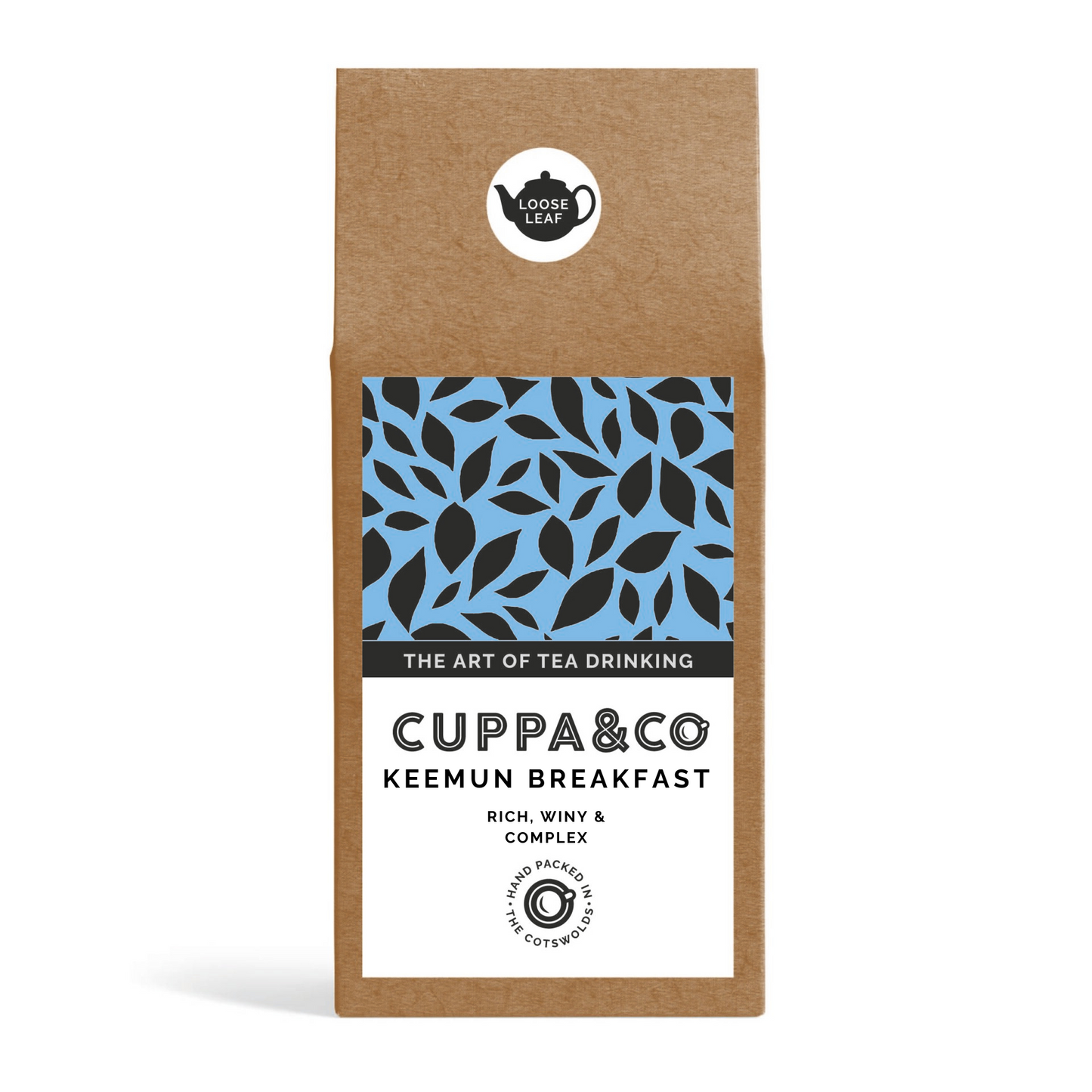 Packaged box of tea named 'Keemun Breakfast' by brand Cuppa & Co with label in blue, black and white displaying product information and leaf patterns also a separate round label with black teapot and wording 'LOOSE LEAF'
