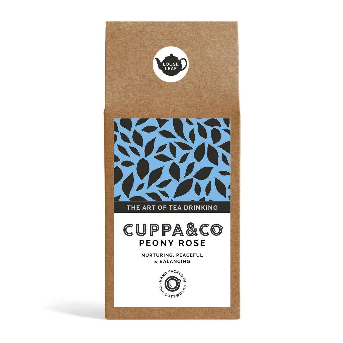 A packaged tea product named 'Peony Rose' from Cuppa&Co with a blue leaf pattern on the front.