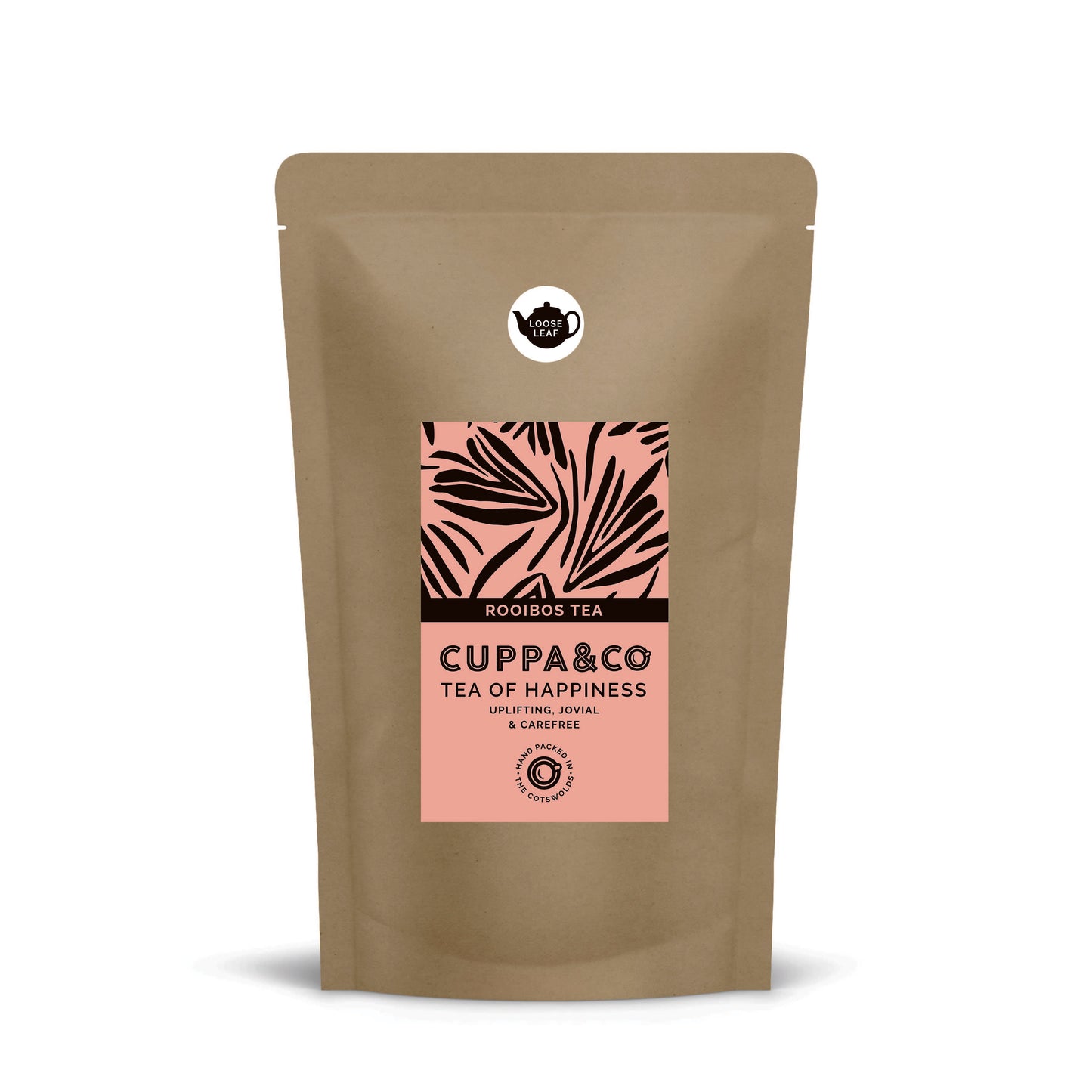 150g Tea pouch with pale pink label featuring 'Cuppa & Co' branding on a white background