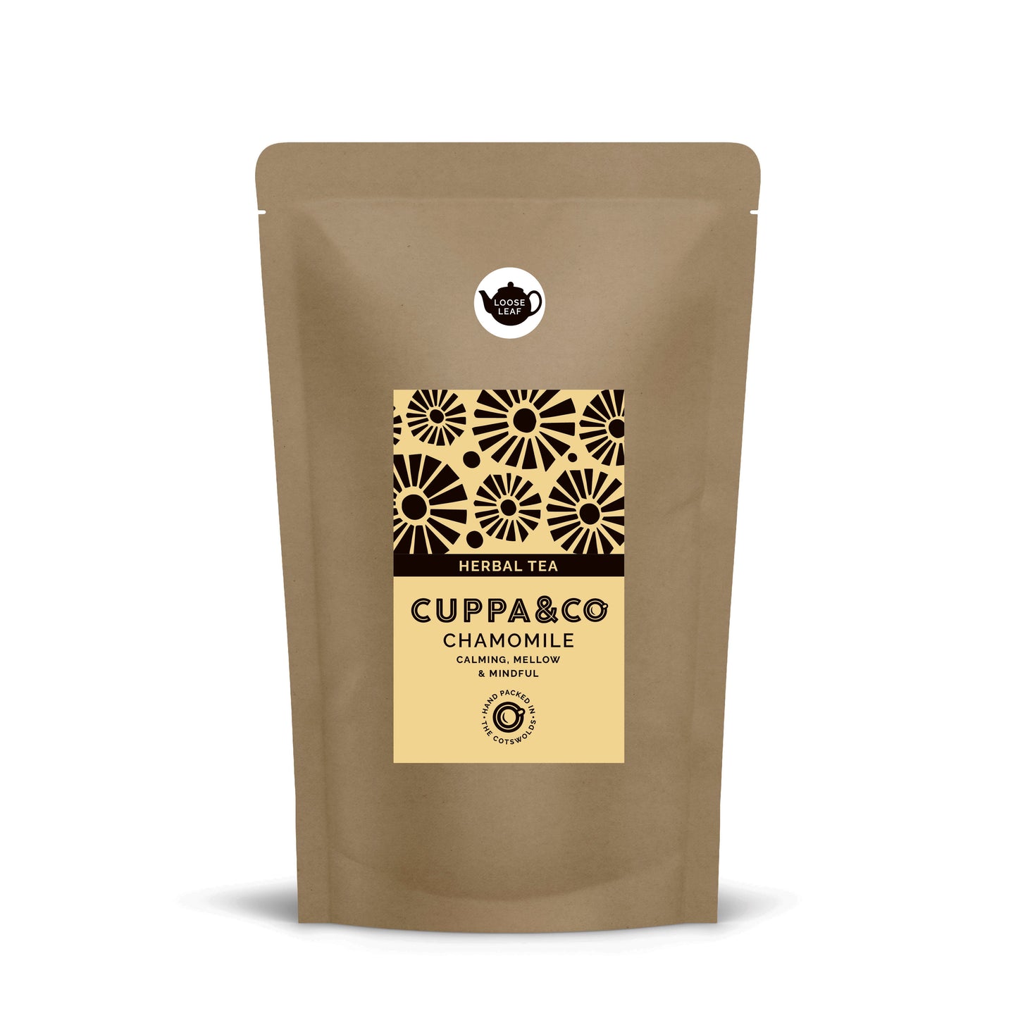 A brown pouch with a pale yellow and black 'CUPPA & CO' branded label displaying a floral pattern and HERBAL TEA CHAMOMILE 