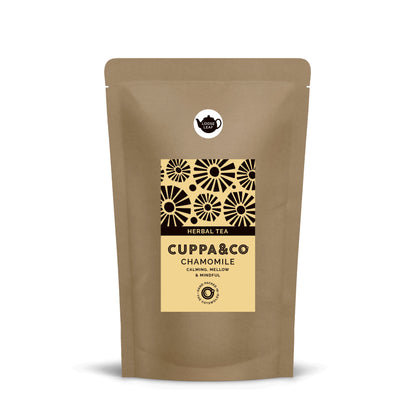 A brown pouch with a pale yellow and black 'CUPPA & CO' branded label displaying a floral pattern and HERBAL TEA CHAMOMILE 