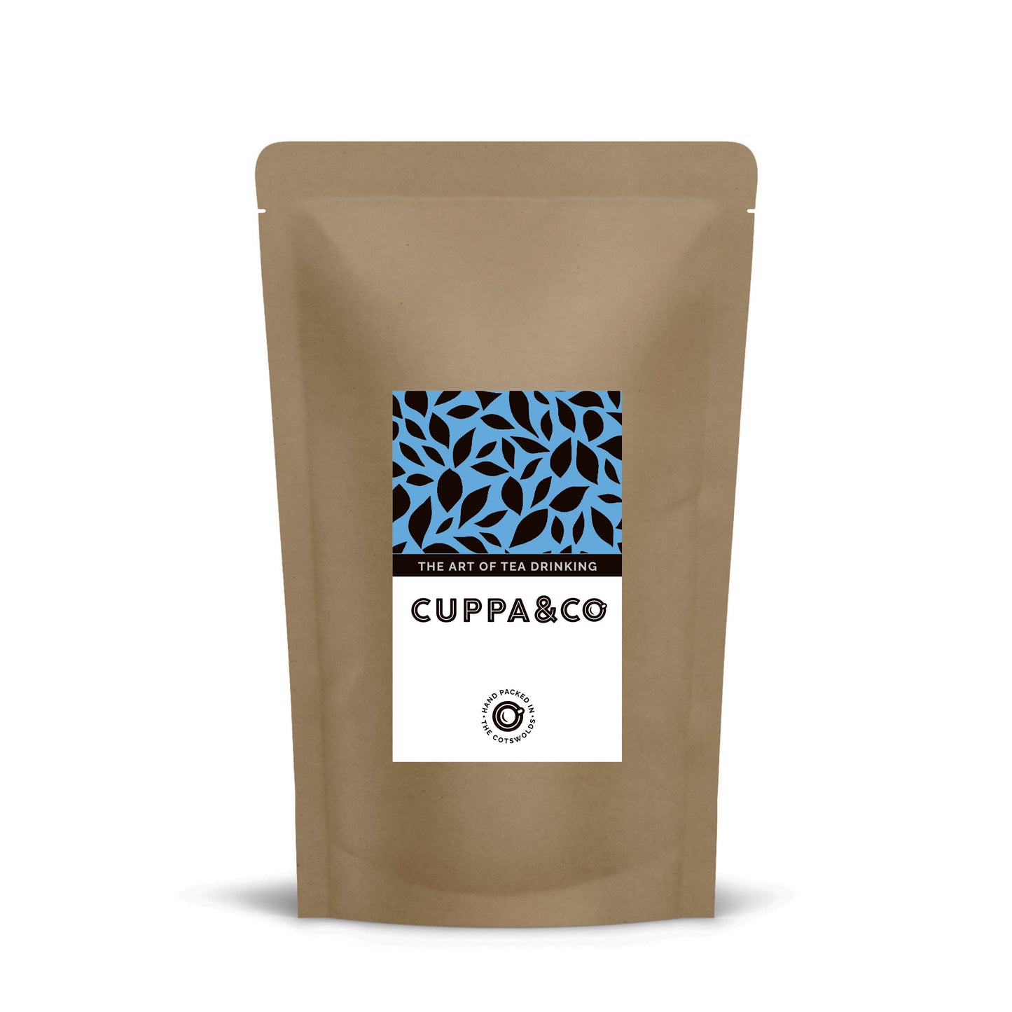Brown tea packaging with a blue and white label featuring 'Cuppa&Co' on a white background