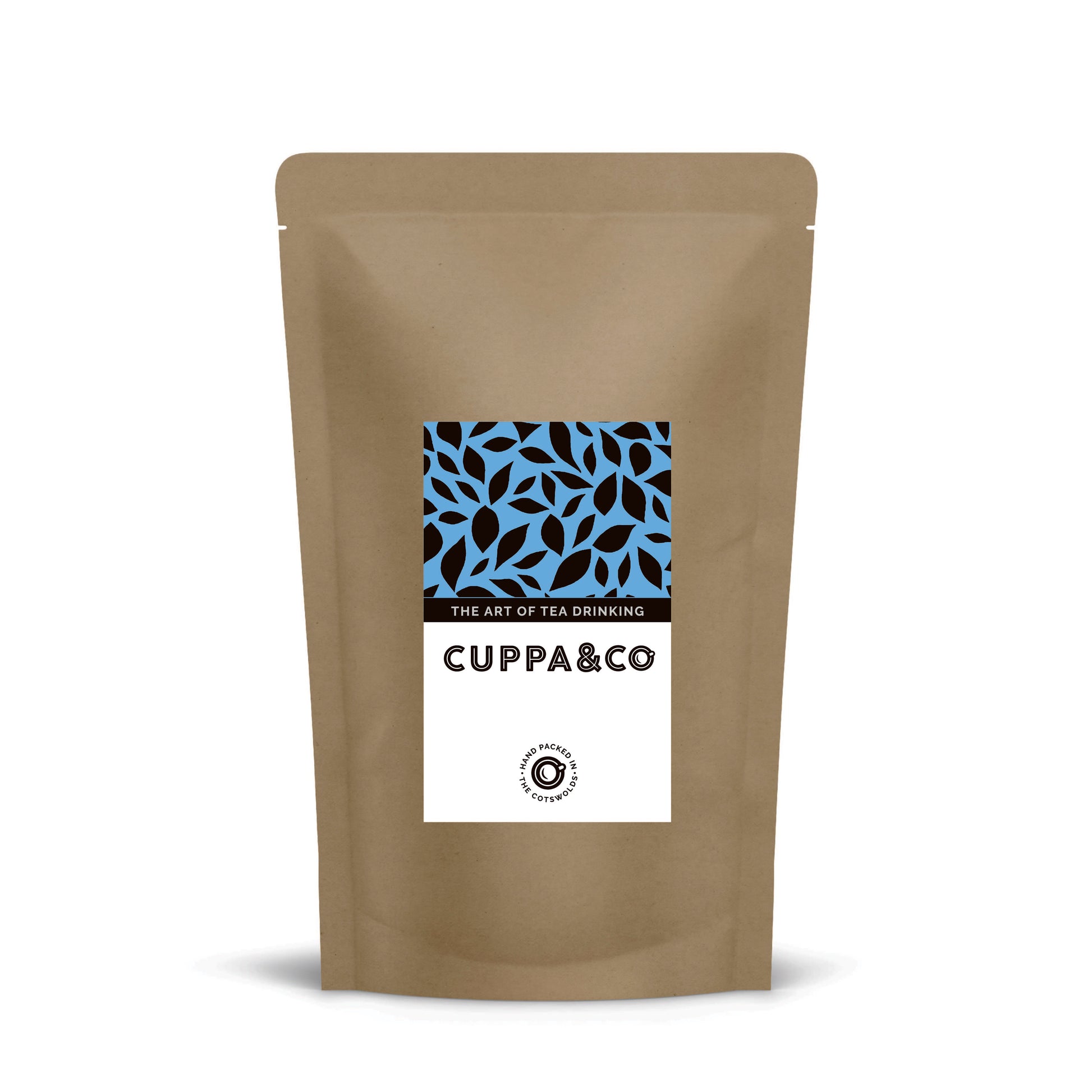 Brown tea packaging with a blue and white label featuring 'Cuppa&Co' on a white background