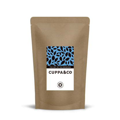 Brown tea packaging with a blue and white label featuring 'Cuppa&Co' on a white background