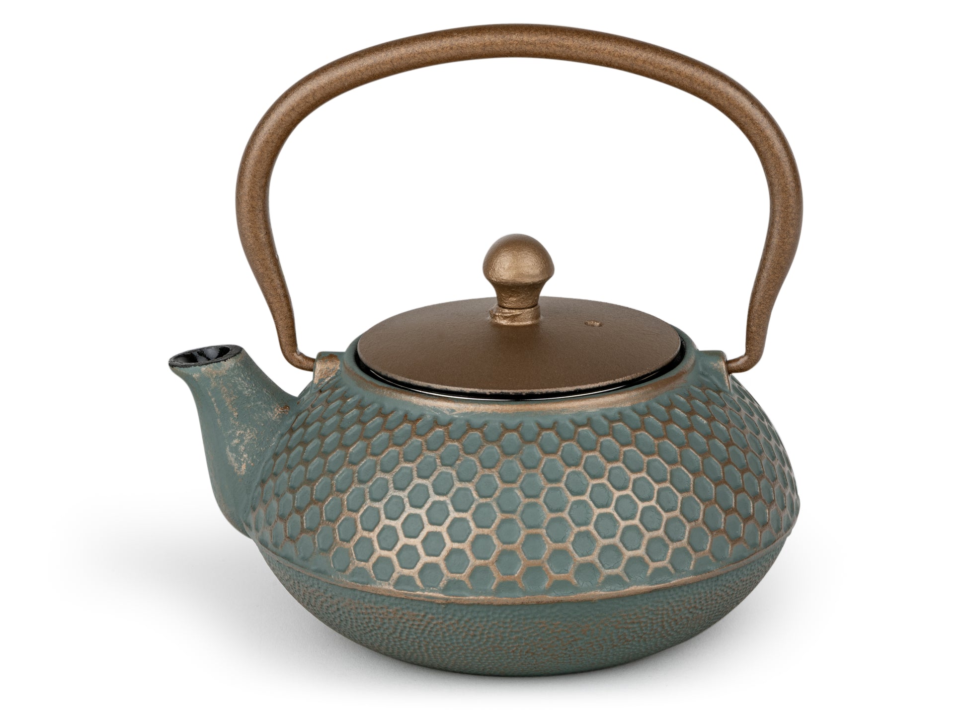 Teapot in dark teal with honeycomb design textured and distressed surface and dark matt gold lid and handle on a white background