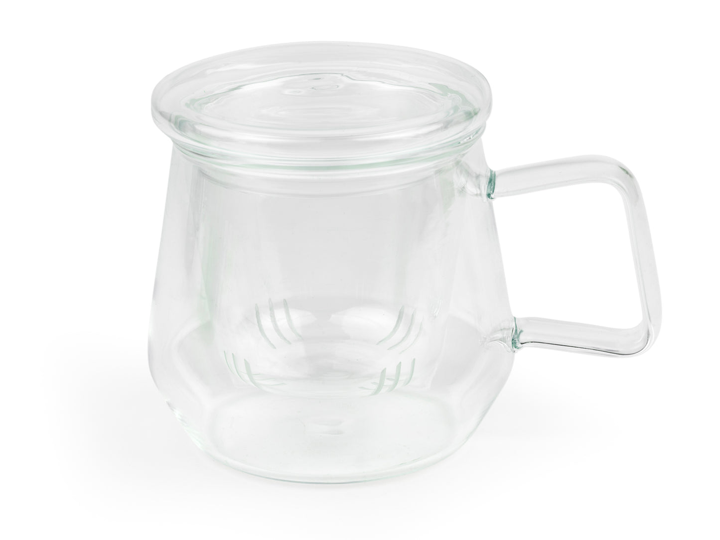 Clear glass mug with handle, glass infuser and lid sitting on a white background