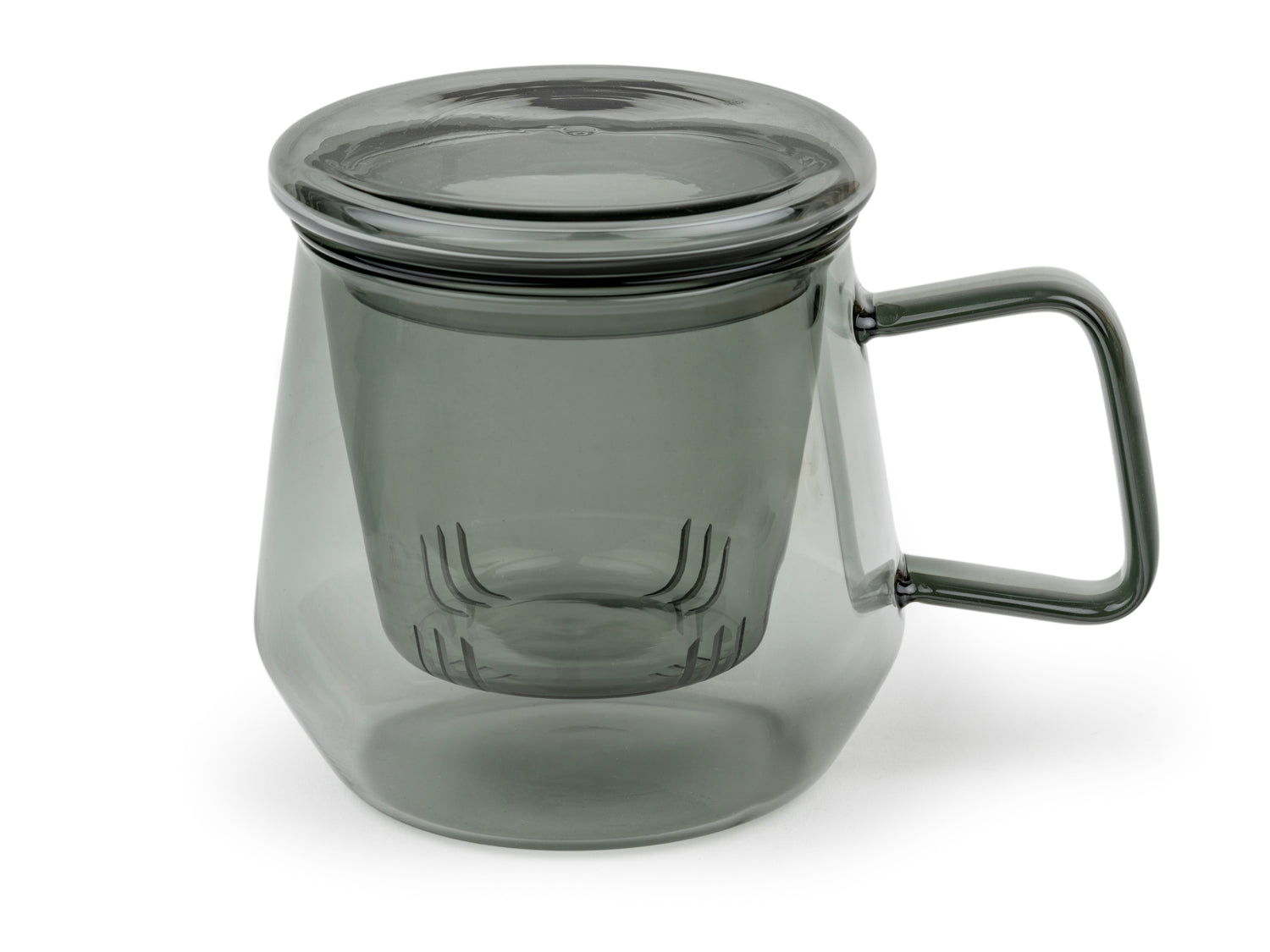 Transparent smoky grey glass mug with a handle, glass infuser and lid sitting on a white background.