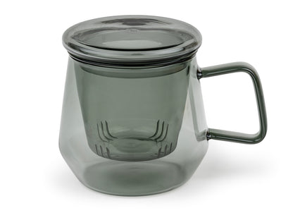 Transparent smoky grey glass mug with a handle, glass infuser and lid sitting on a white background.