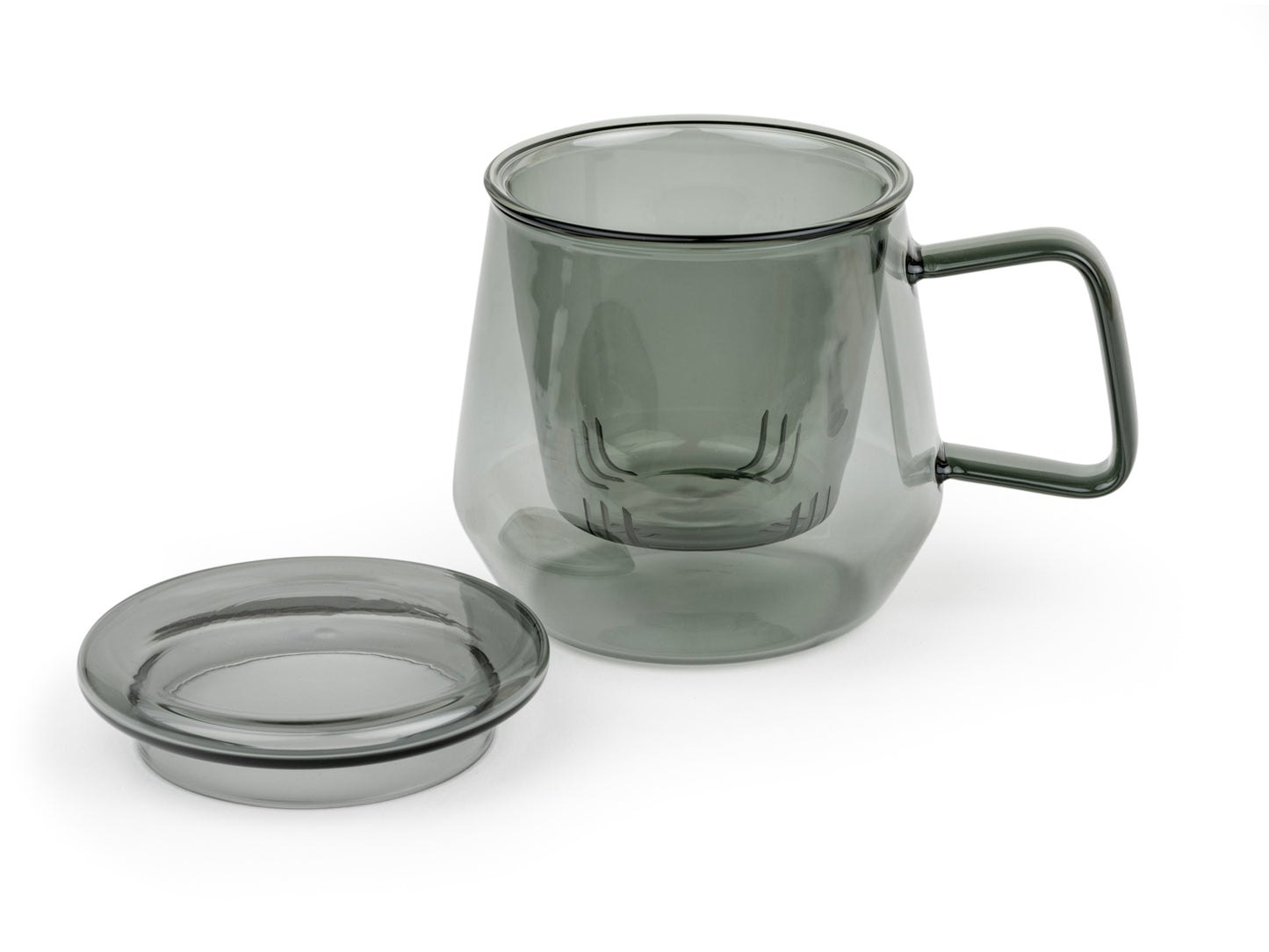 Transparent grey glass mug with handle matching infuser and  lid on a white background