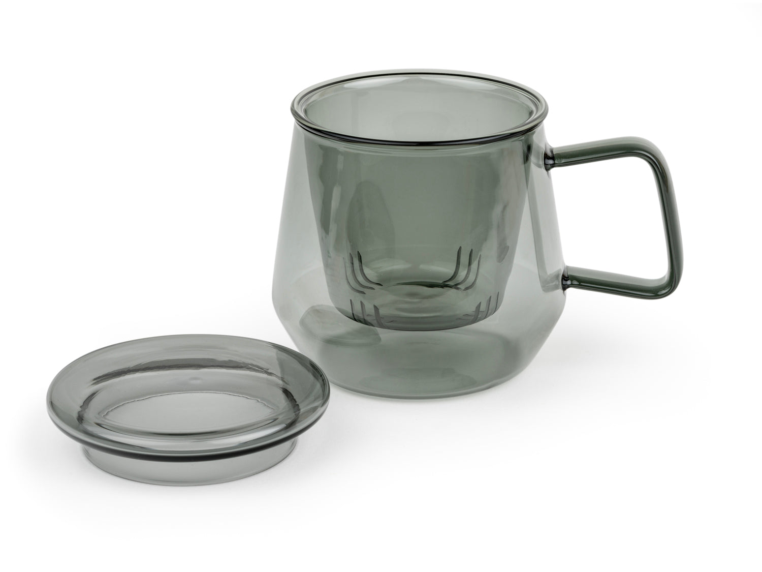 Transparent grey glass mug with handle matching infuser and  lid on a white background