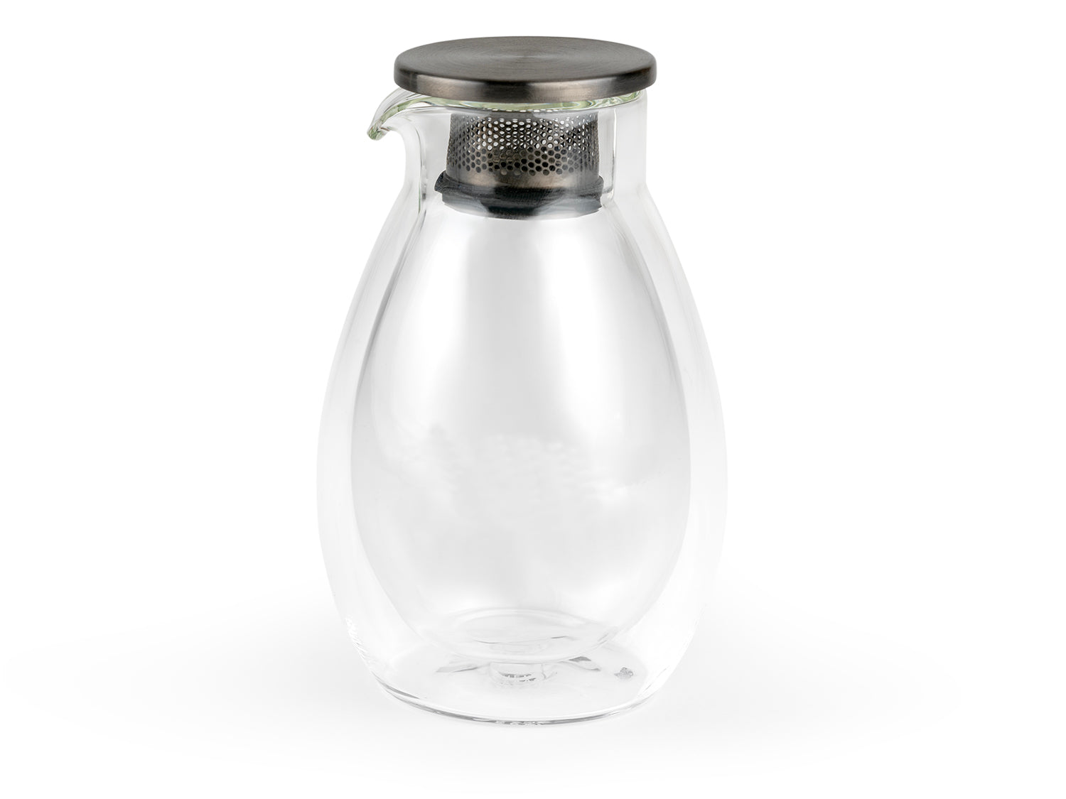 Clear glass handle-less teapot with metal lid and filter on a white background