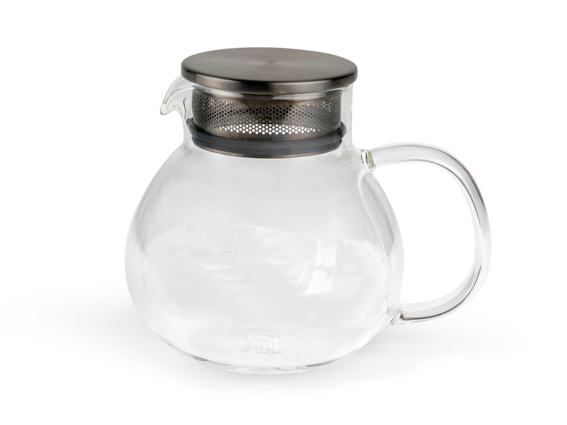 Clear glass round teapot with metal lid and infuser on a white background