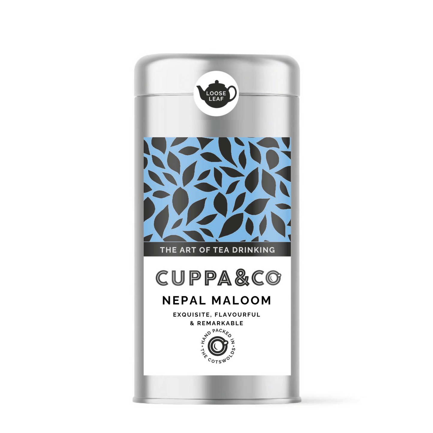 Packaged tea product 'Nepal Maloom' by Cuppa&Co in a silver caddy with a blue and black leaf patterned label.