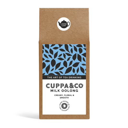 Packaging of Cuppa & Co Milk Oolong tea in a brown Kraft box with blue and black floral pattern design and product details.