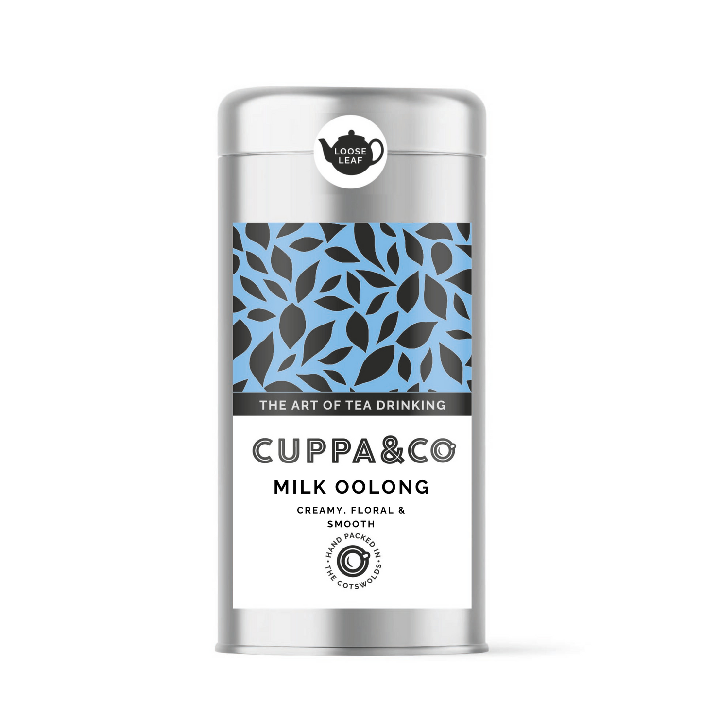 Packaging of Cuppa & Co Milk Oolong tea in a silver caddy with blue and black floral pattern design and product details.