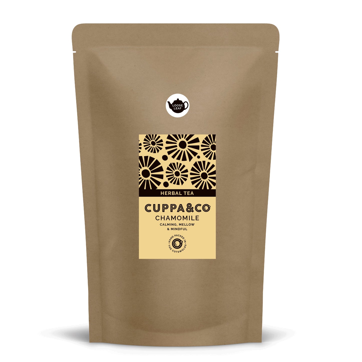 A large brown pouch with a pale yellow and black label displaying a floral pattern and 'CUPPA & CO' branding 