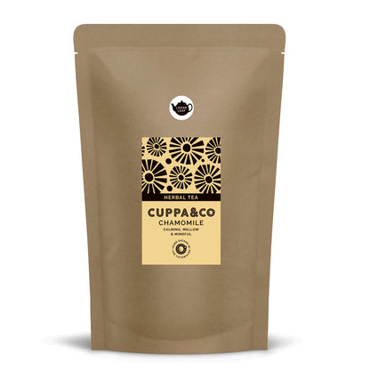 A large brown pouch with a pale yellow and black label displaying a floral pattern and 'CUPPA & CO' branding 