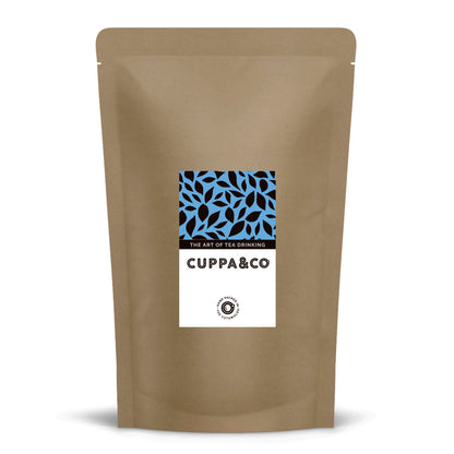 Brown tea packaging with a blue and white label featuring 'Cuppa&Co' on a white background