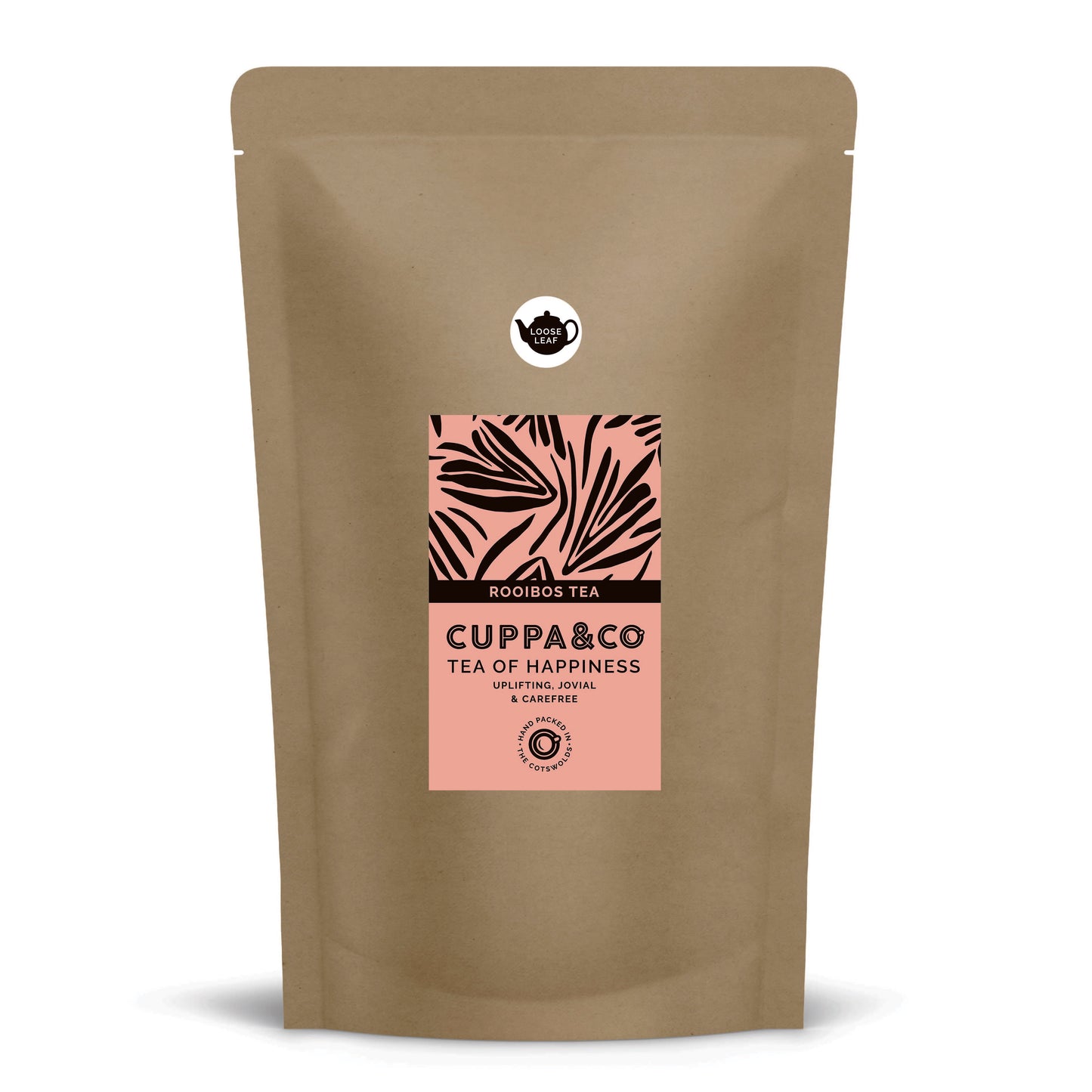 250g Tea pouch with pale pink label featuring 'Cuppa & Co' branding on a white background