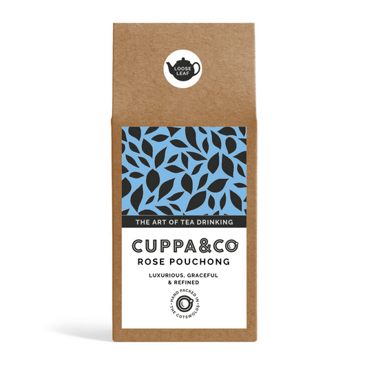 A packaged product labeled 'CUPPA&CO ROSE POUCHONG' with a blue and black leaf pattern on the front, indicating it is a type of tea.
