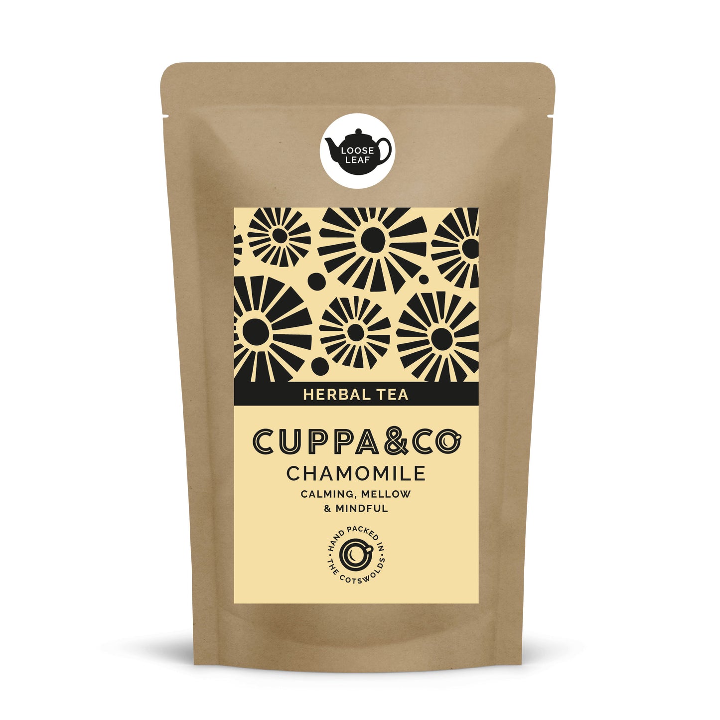 A small brown pouch with pale yellow and black label with product information 'HERBAL TEA CUPPA & CO CHAMOMILE'