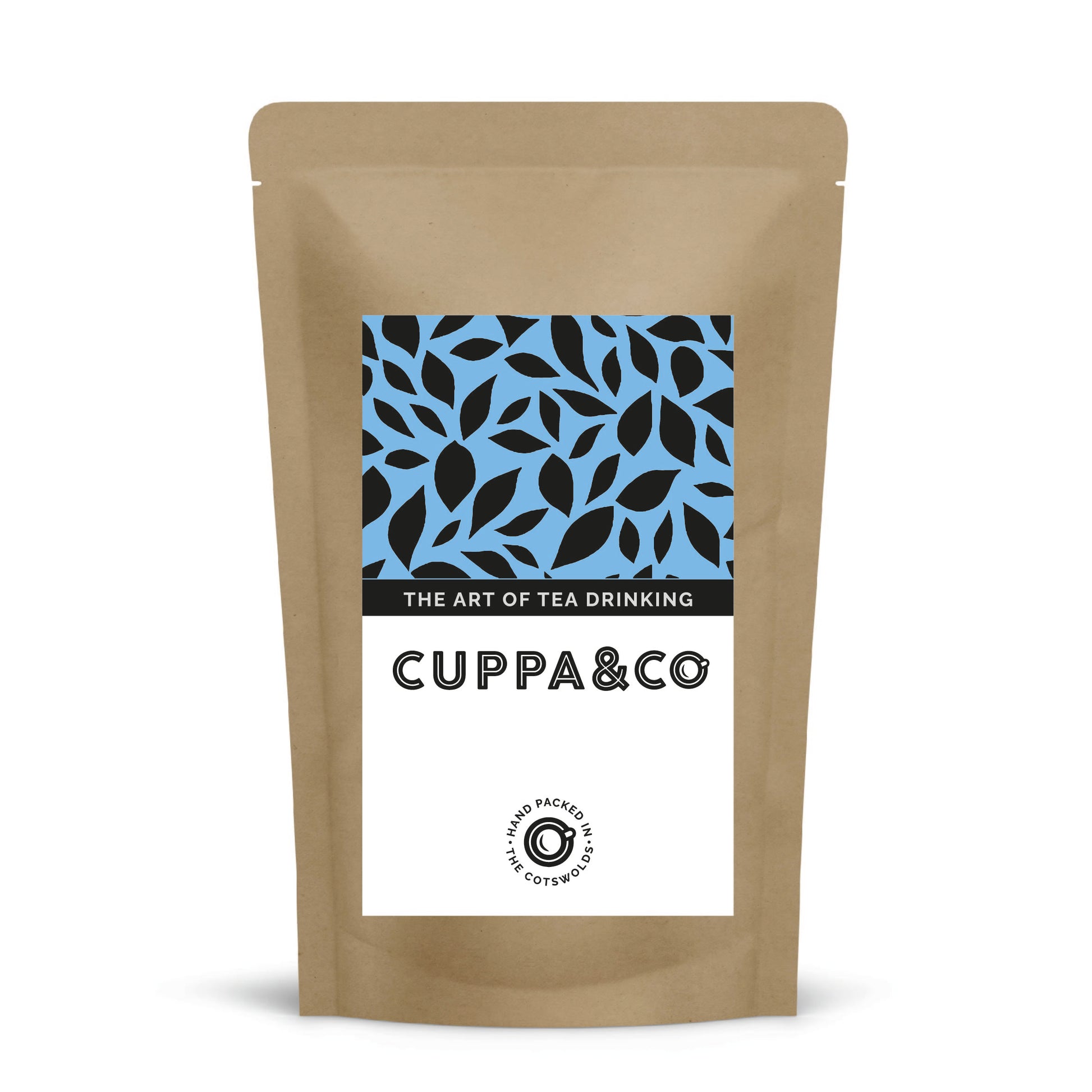 Packaging of Cuppa&Co tea, featuring a brown pouch with label in blue, white and black on a white background