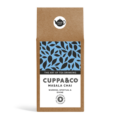 A packaged tea product labelled 'CUPPA&CO MASALA CHAI' with a black leaf pattern on the front and a round loose leaf label.