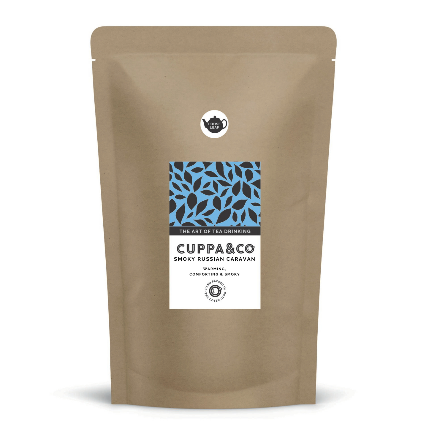 A brown packaged tea product labelled 'CUPPA & CO' 'Smoky Russian Caravan' with a leaf pattern on the label and a separate round label with a black teapot and the words LOOSE LEAF.