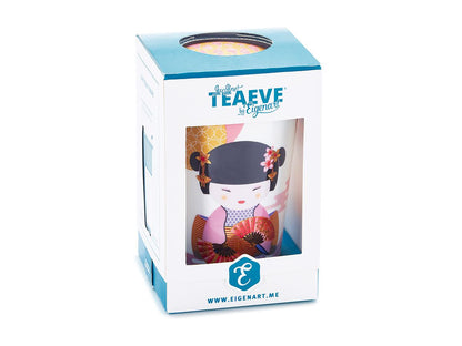 Packaging containing a loose tea mug with a colourful Japanese Geisha design on a white background