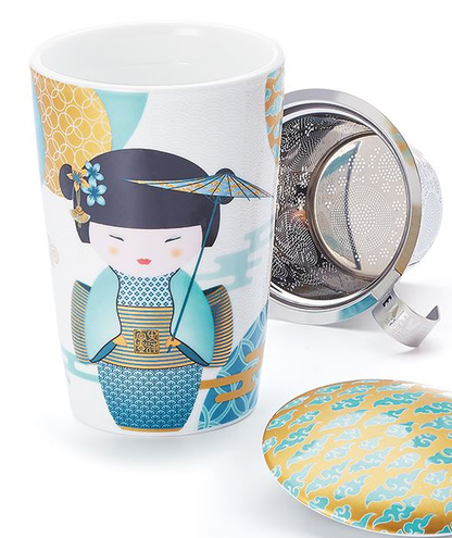 Tea mug with Japanese geisha design, metal infuser, and matching lid on a white background