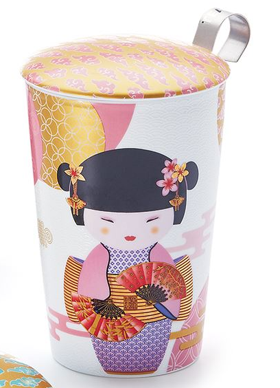 Ceramic tea mug with a Japanese geisha design on a white background