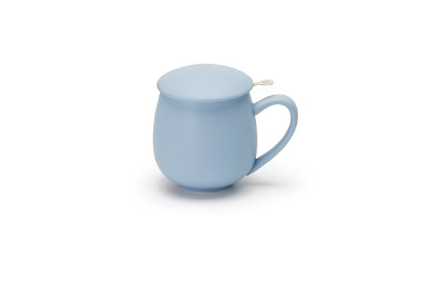 Light blue porcelain mug with a lid on a white background