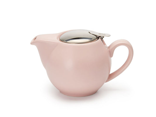 Pale pink porcelain teapot with a fixed silver lid on a white background