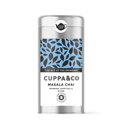A silver tin labelled 'CUPPA&CO MASALA CHAI' with a blue and black  leaf pattern on the front on a white background.