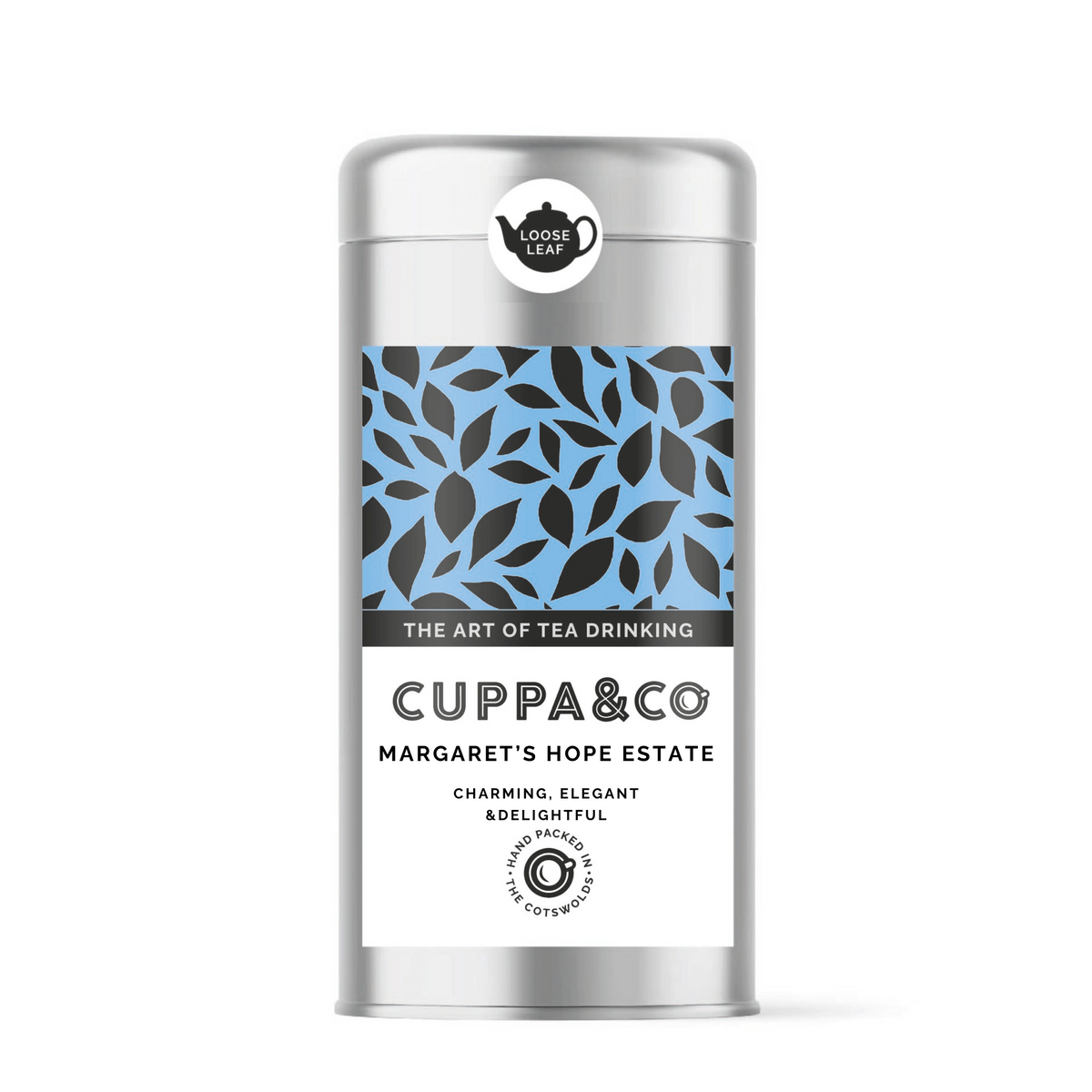 Silver tin with label in blue, black and white showing brand name 'CUPPA & CO' and the name 'MARGARET’S HOPE ESTATE'. 