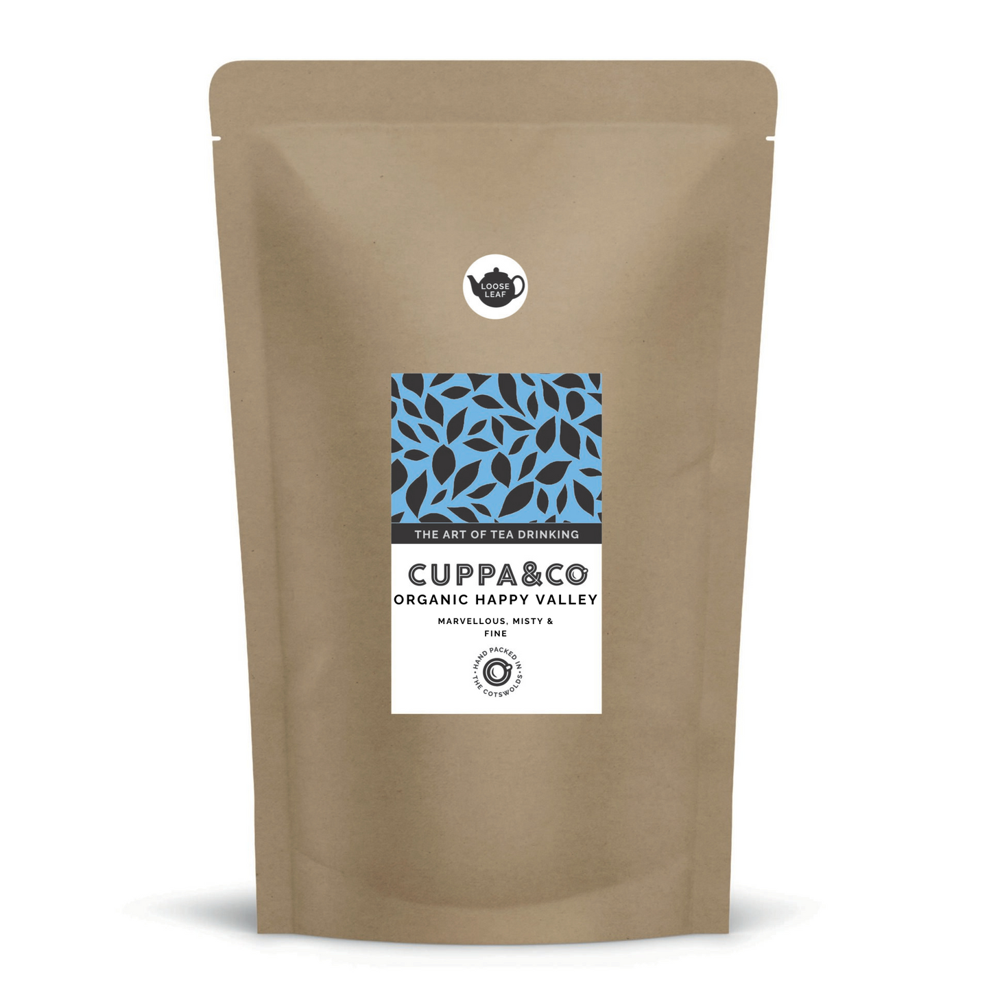 A packaged brown pouch with a blue and black leaf pattern on the label, also indicating it is Cuppa & Co Organic Happy Valley tea.