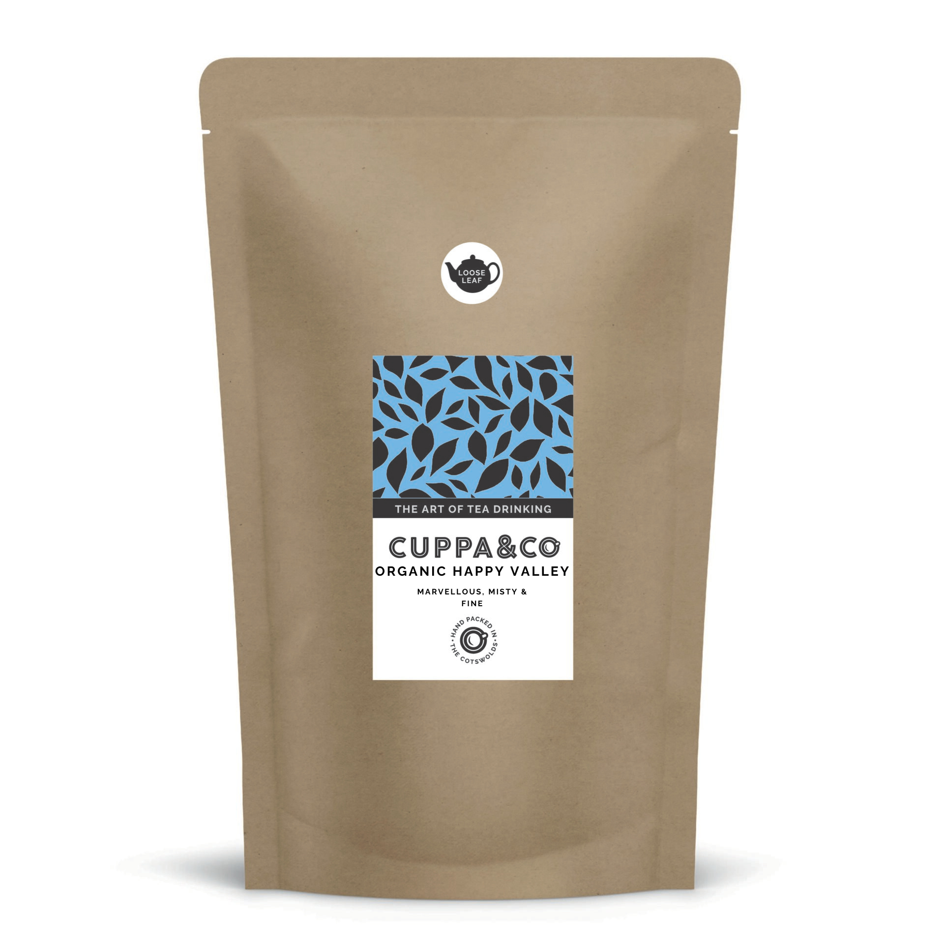 A packaged brown pouch with a blue and black leaf pattern on the label, also indicating it is Cuppa & Co Organic Happy Valley tea.