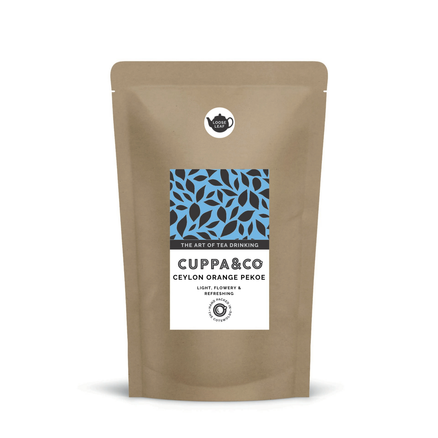 Packaging of Ceylon Orange Pekoe tea by Cuppa&Co with a blue and black leaf pattern on the front.