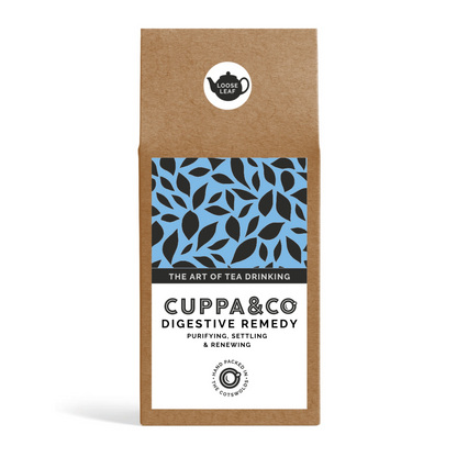 Packaging of Cuppa & Co Digestive Remedy herbal tea in a brown box labelled with brand details and product description on a white background.