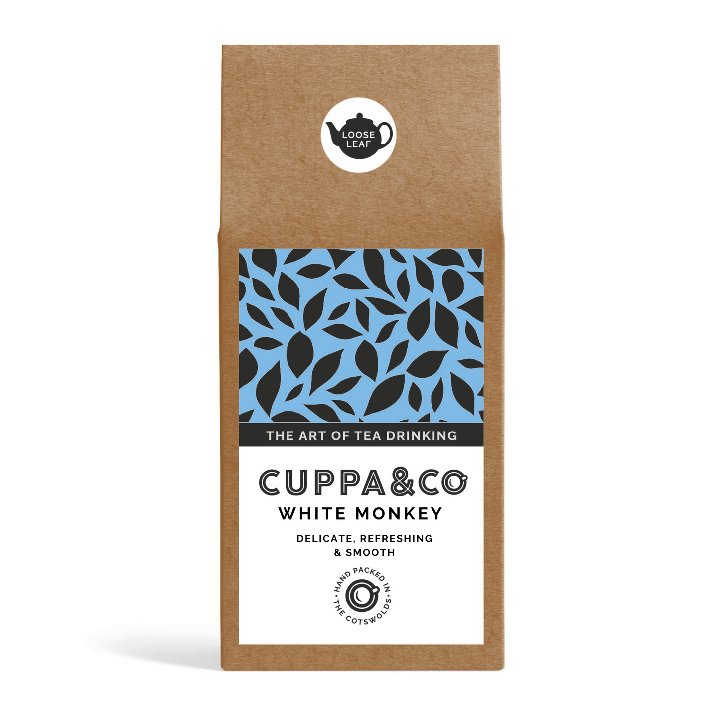 Packaging of Cuppa&Co White Monkey tea, featuring a brown Kraft box with blue and black leaf pattern and product information on the label.