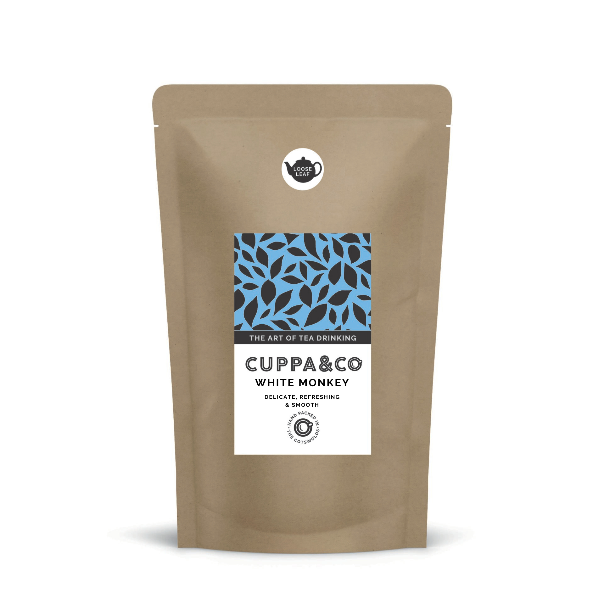 Packaging of Cuppa&Co White Monkey tea, featuring a brown pouch with label of blue and black leaf pattern and product information.