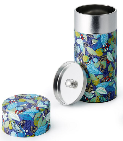 Colorful patterned tea caddy with a silver inner lid on a white background