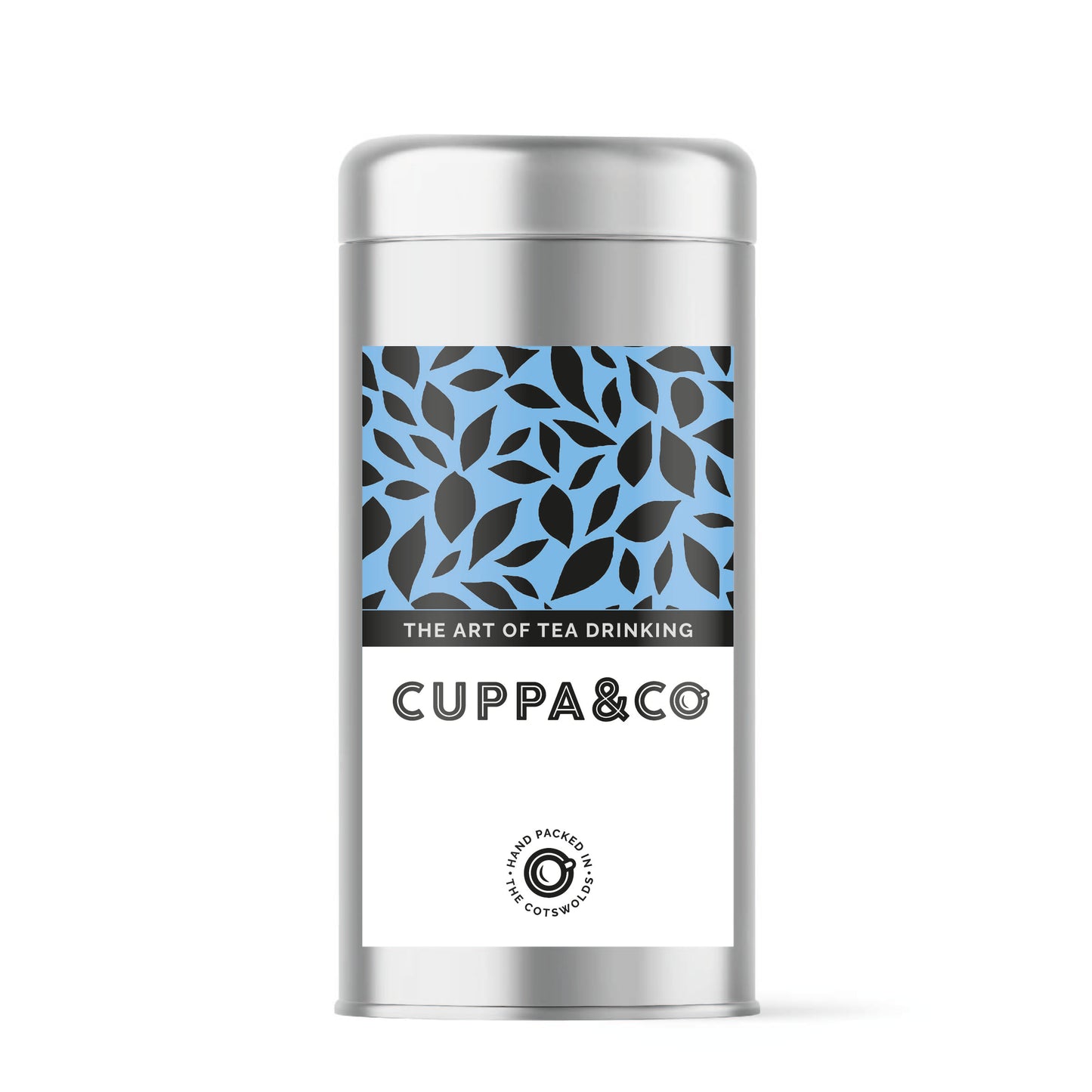 Aluminium tea tin showing Cuppa & Co label pictured on a white background